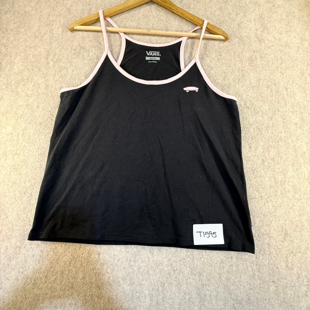 Vans Womens Medium Black‎ Pink Trim Skateboard Logo Tank Top Sleeveless Shirt